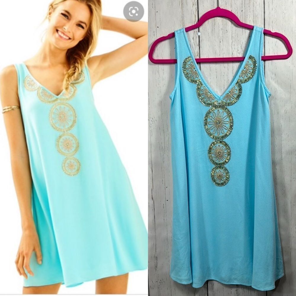 Lilly Pulitzer Beaded Shift Dress Aqua Blue Resort Chic Embellished XXS Preppy